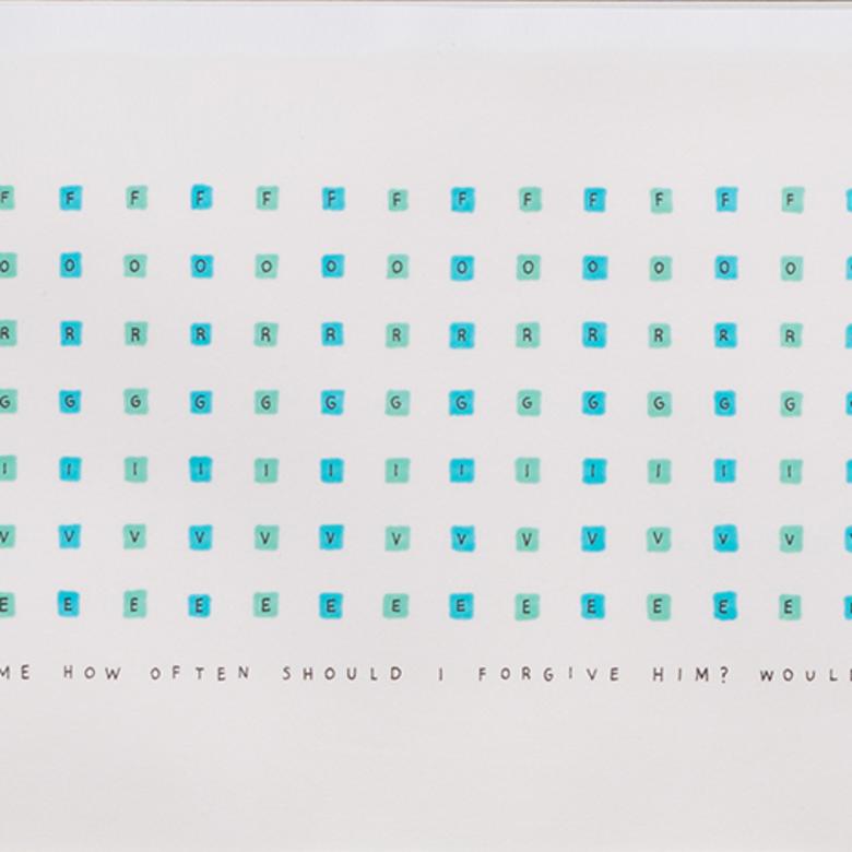 An ink on paper artwork by Daniel Bartholomew, depicting the 490 times we have been asked to continually forgive.