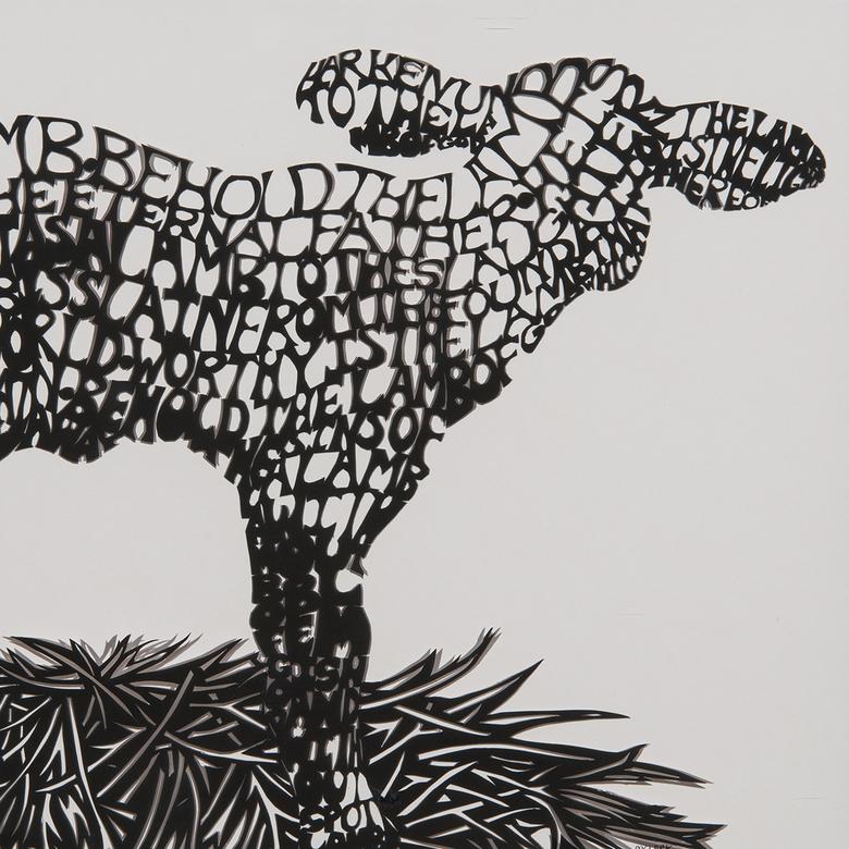 A cut silhouette by Melissa Clark depicting the Lamb of God.