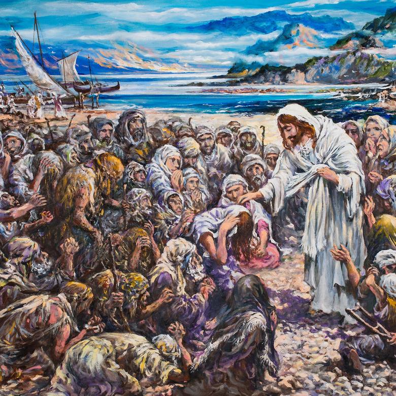 An oil painting by Teodorico Cumagun depicting Jesus doing good among the people.