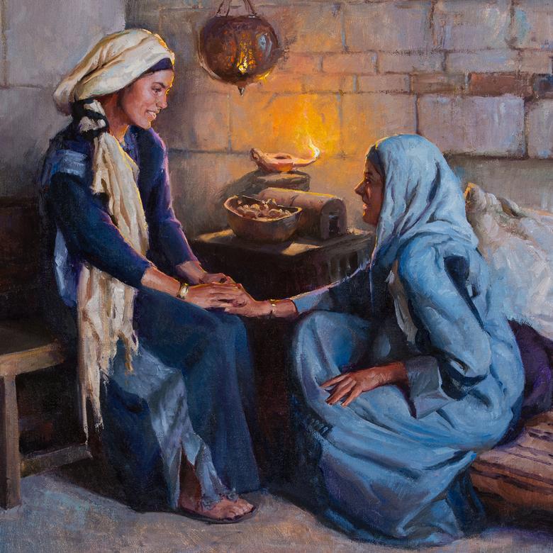 An oil painting by Albin Veselka depicting Mary and Elizabeth.