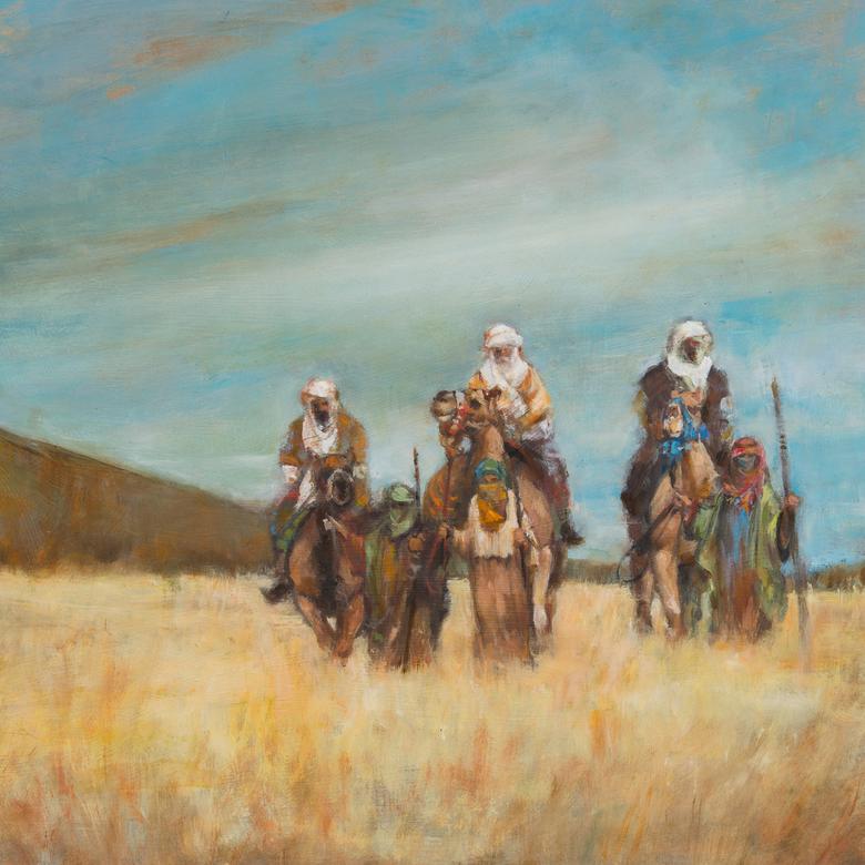 An oil painting by Dana Mario Wood depicting the Wise Men who traveled to see Christ.