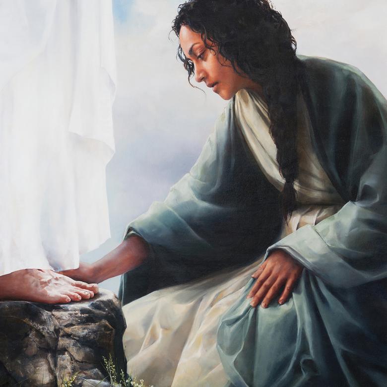 An oil painting by Elspeth Young depicting a Lamanite woman worshiping in reverence at His feet.