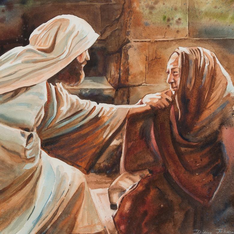 A watercolor by Dianne Johnson Adams depicting the Savior caring for the woman with the issue of blood.