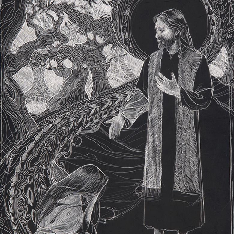 A scratchboard triptych by Bethany Bates, depicting Mary of Bethany with the Savior.
