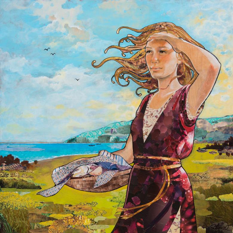 A mixed media collage by Robin Birrell, depicting the sister of the boy who contributed his loaves and fishes to be used by the Savior to feed the 5,000.