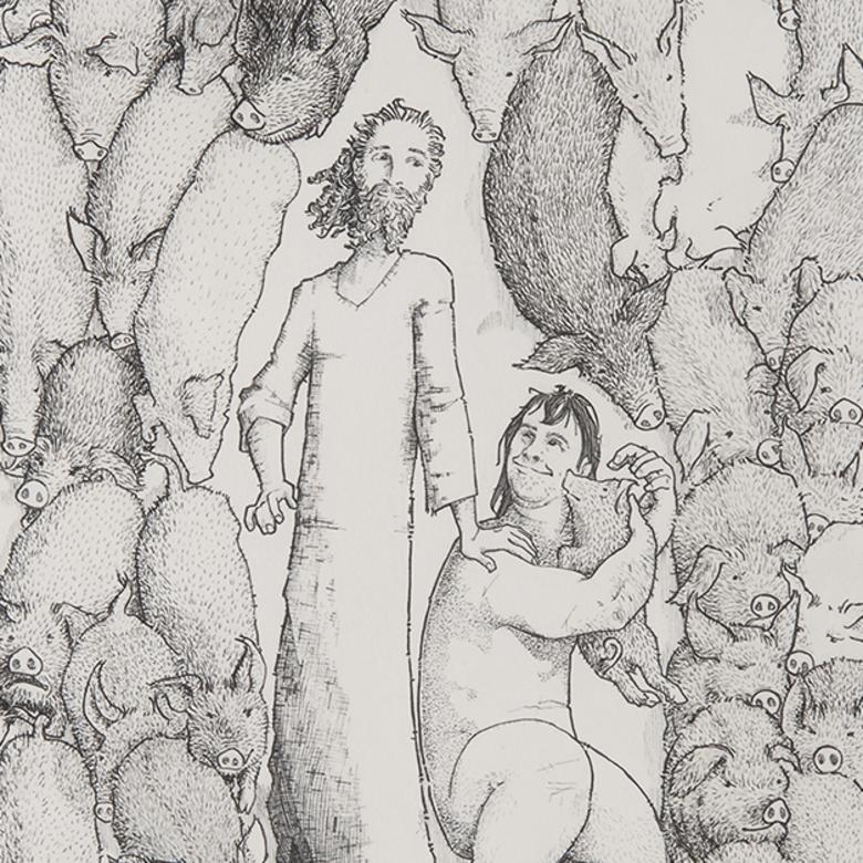 An ink illustration by Timothy Boyle, depicting Legion, the man tormented by many unclean spirits.