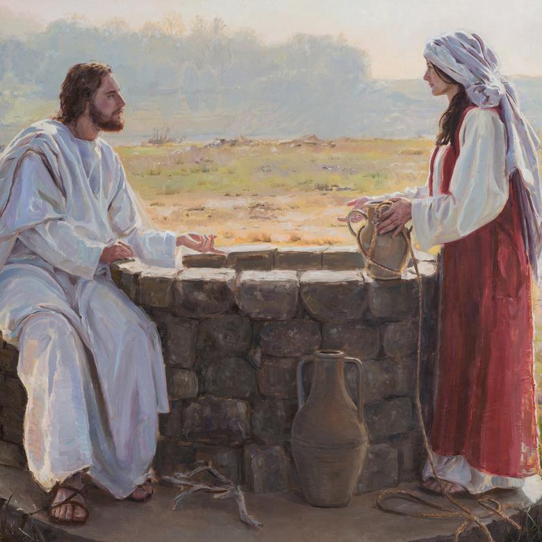 An oil painting by Crystal Suzanne Close depicting Jesus and the woman at the well.