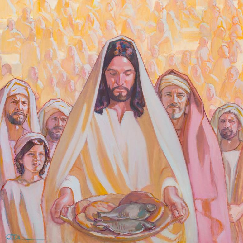 An oil painting by Rose Datoc Dall, depicting Jesus offering the loaves and fishes.