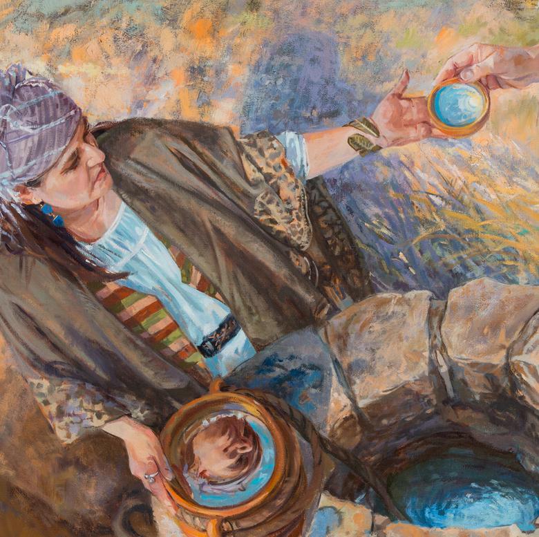 An oil painting by Barbara Summers Edwards, depicting the woman of Samaria at the well.