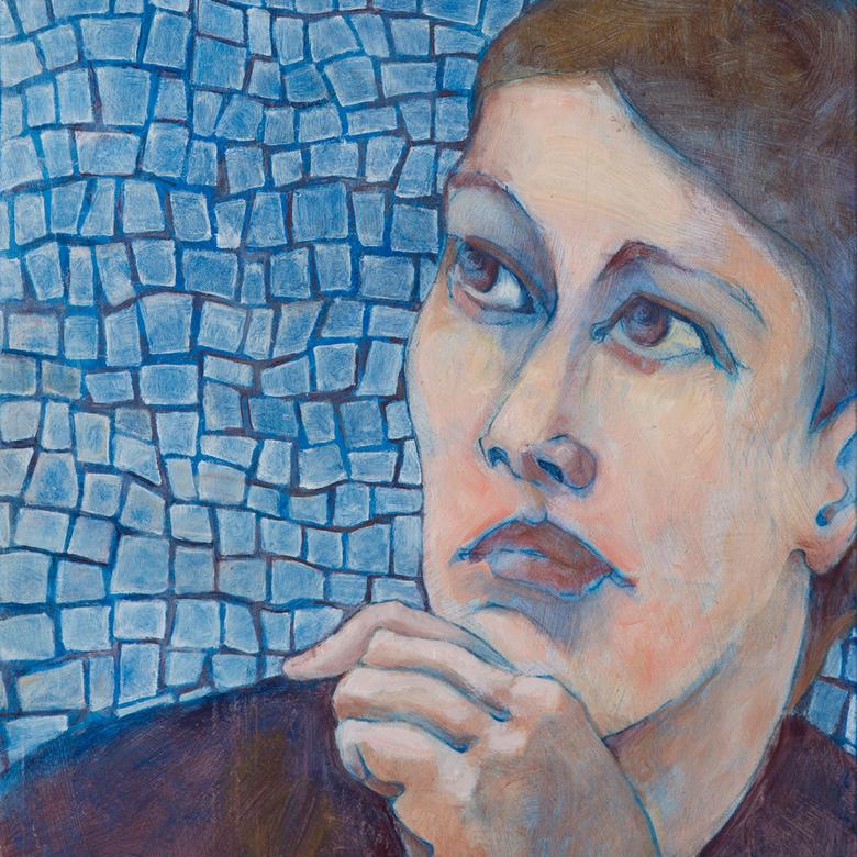 An oil painting by Sue Frances Hansen depicting a Gentile woman in contemplation.