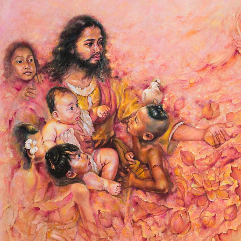 An oil painting by Sopheap Nhem depicting the children of Cambodia surrounding Jesus.
