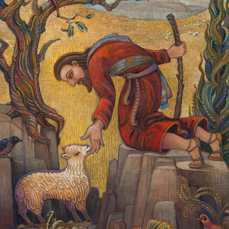 An oil painting by Michal Diane Onyon depicting the Good Shepherd.