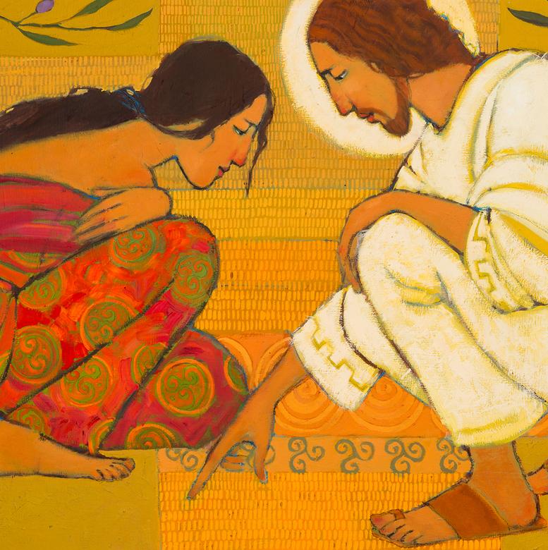 An oil painting by Kathleen Peterson depicting Jesus and the woman taken in adultery.