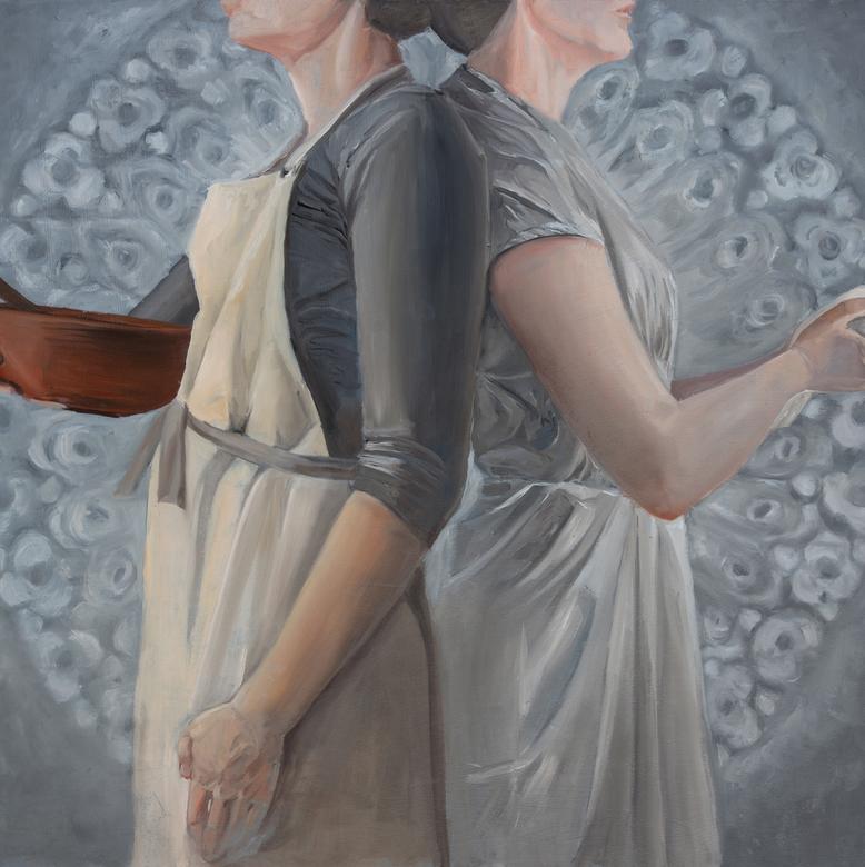 An oil painting by Katherine Marie Ricks depicting Mary and Martha as two sides of the same person.