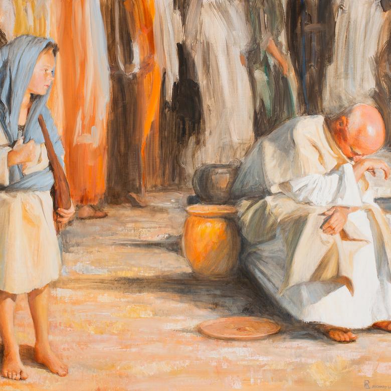 An oil painting by Richard Lance Russell depicting a moment in Christ's childhood.