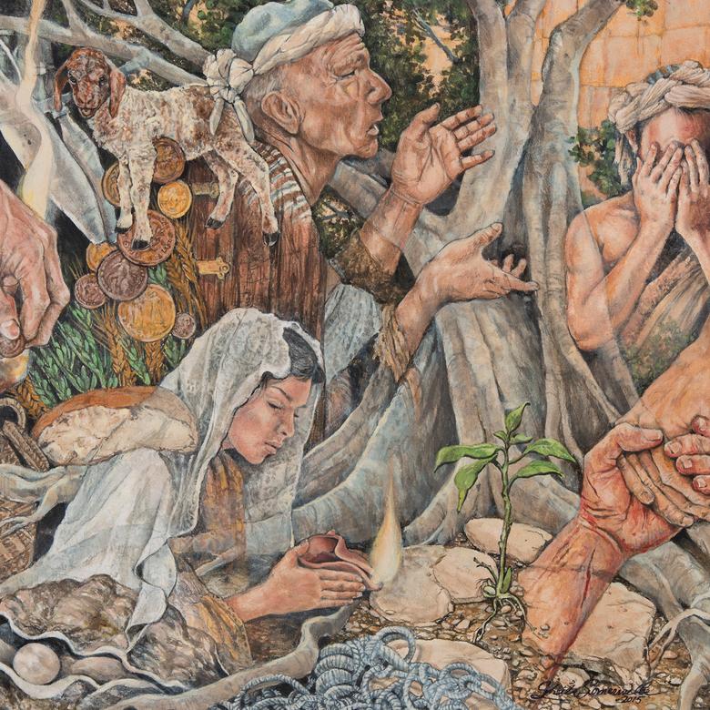 An acrylic painting by Sheila Dianne Somerville depicting the parables of Christ.