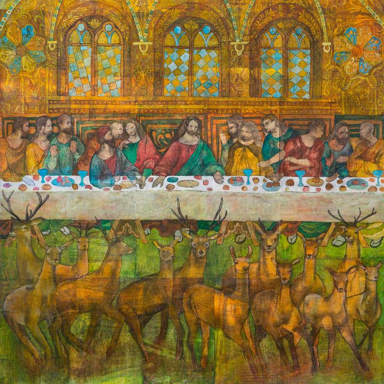 A mixed media artwork by Sabrina Jill Squires depicting the Last Supper.