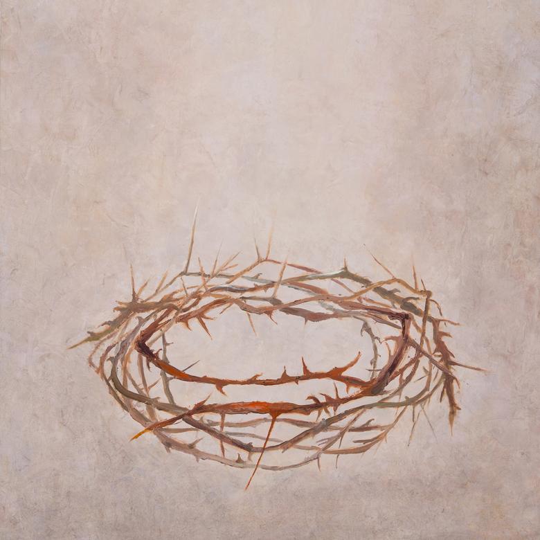 A mixed media artwork by Diane Stevenson Stone depicting the twisted briar crown set upon Christ's head to mock Him.