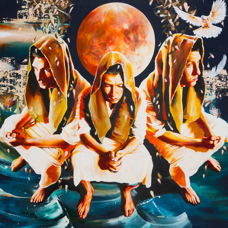 An oil painting by Shohei Takahashi depicting Takahashi's personal experience of communing with God in the temple.