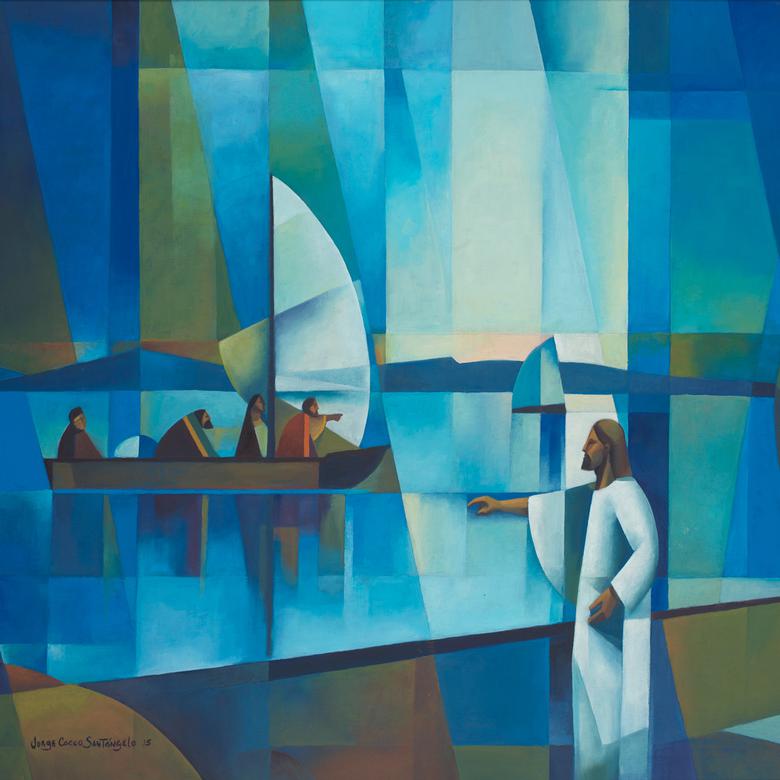 An oil painting by Jorge Orlando Cocco Santangelo depicting Jesus walking by the Sea of Galilee.