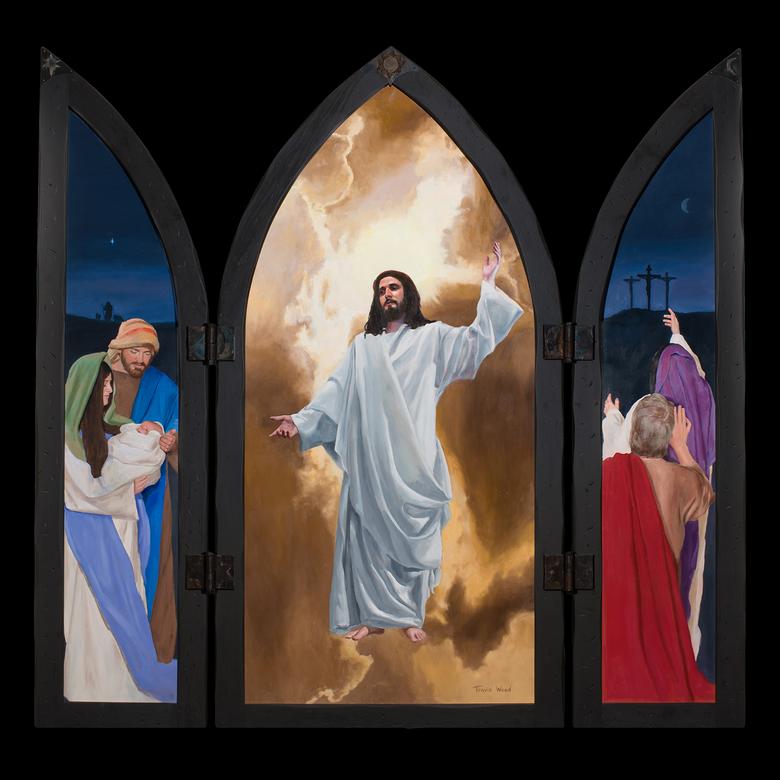 A hinged oil painting by Travis Wood depicting the wonder and awe of the gift of the Atonement.